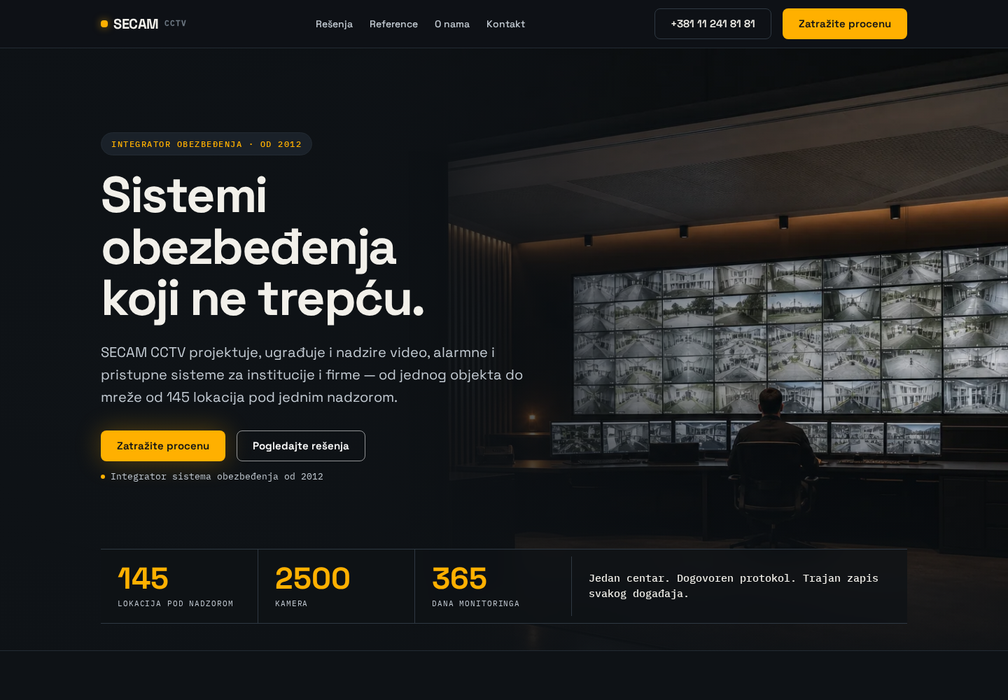 Snimak ekrana nove predložene početne stranice sa jasnom porukom i statistikom 145 lokacija, 2500 kamera, 365 dana monitoringa