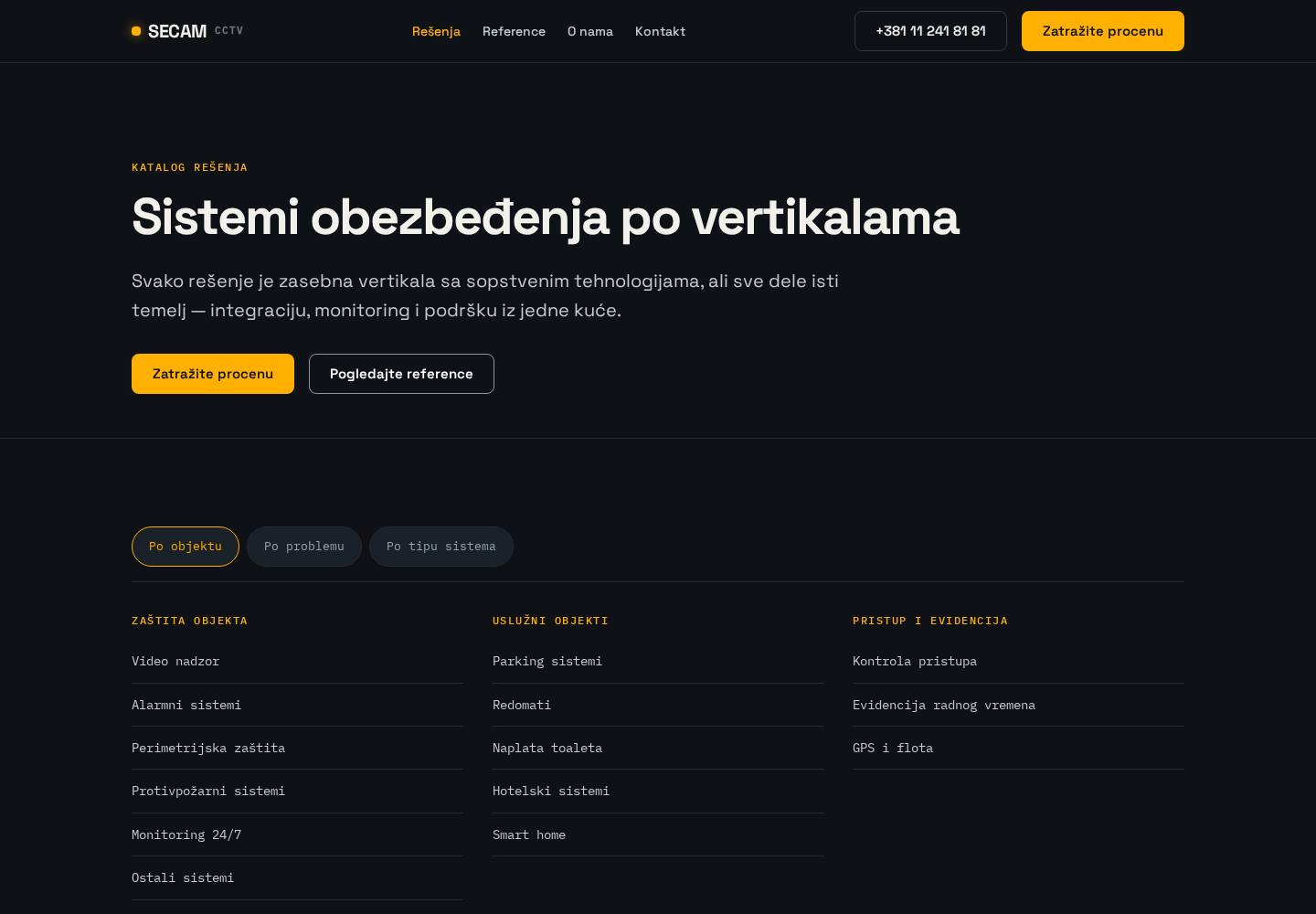 Snimak ekrana predloženog kataloga rešenja sa 14 vertikala organizovanih po objektu, problemu i tipu sistema