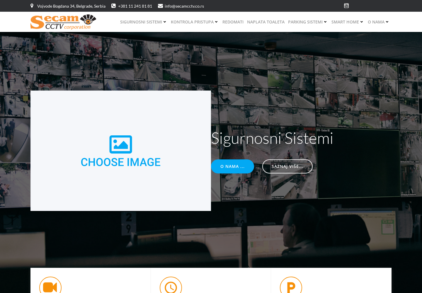 Snimak ekrana postojećeg sajta secamcctv.rs od 07.08.2026, sa slomljenim CHOOSE IMAGE plejsholderom u hero sekciji